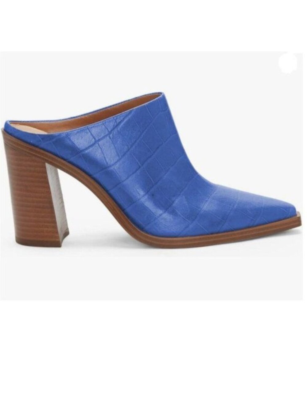 FOWT Blue Crocodile Embossed Mules Chunky Stacked Heel Slippers Pointed Toe